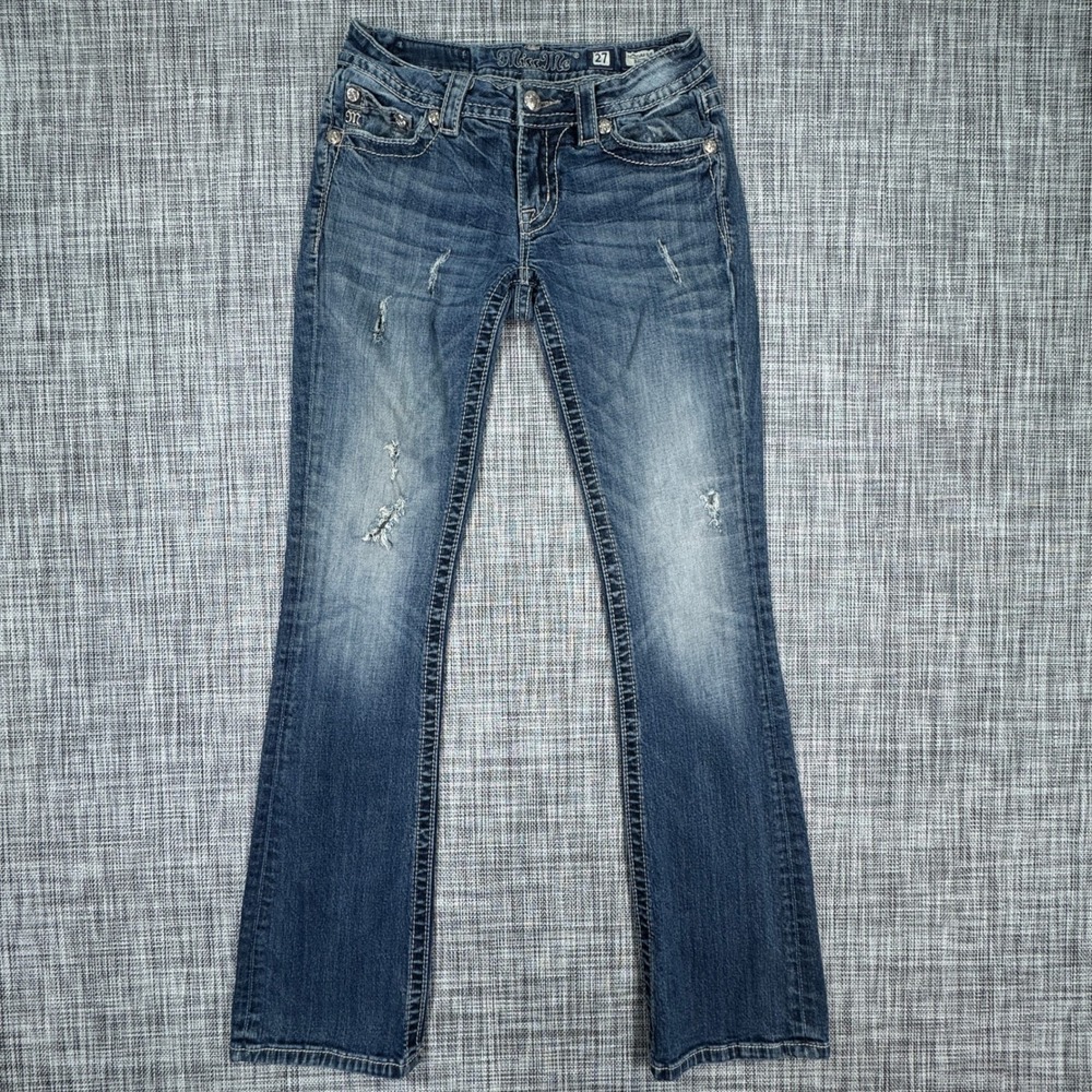 Miss Me Womens Jeans 27 Signature Rise Boot Blue Rhinestone Fleur De Lis Denim